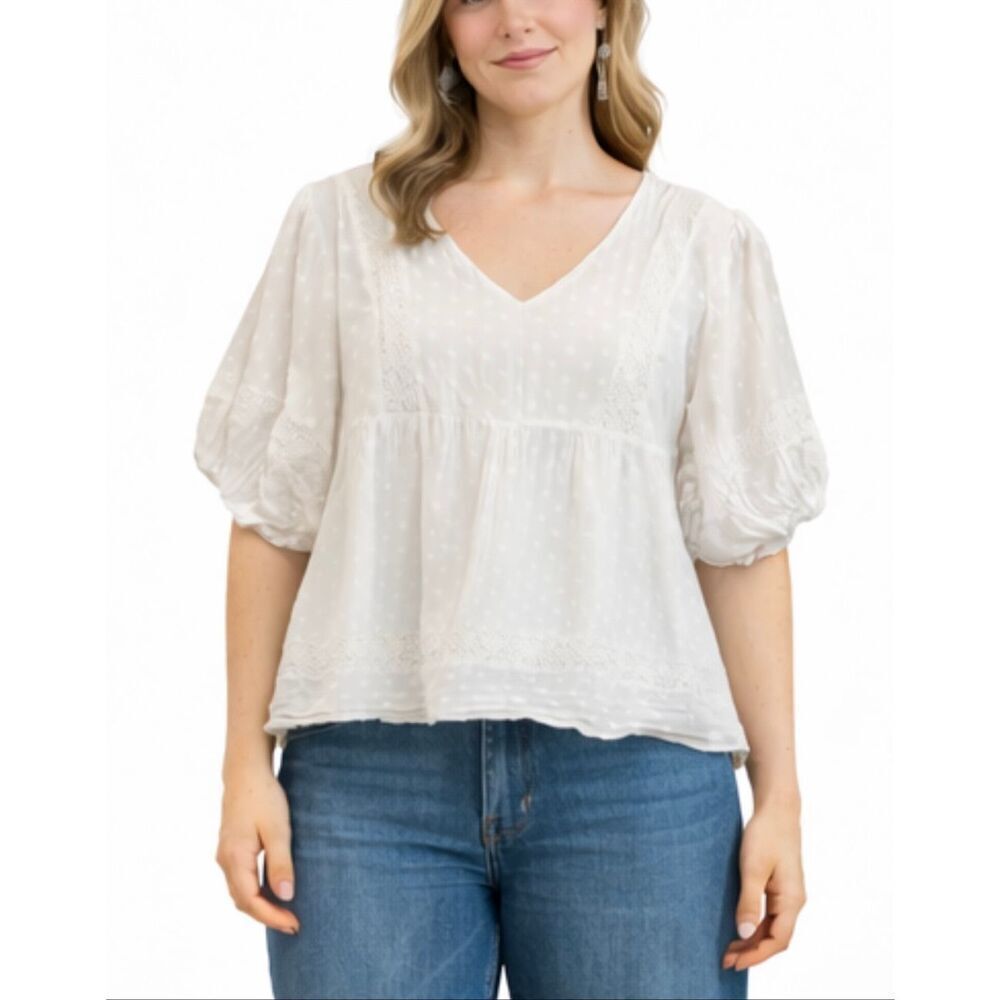 Boutique puff sleeve eyelet cotton boho blouse small